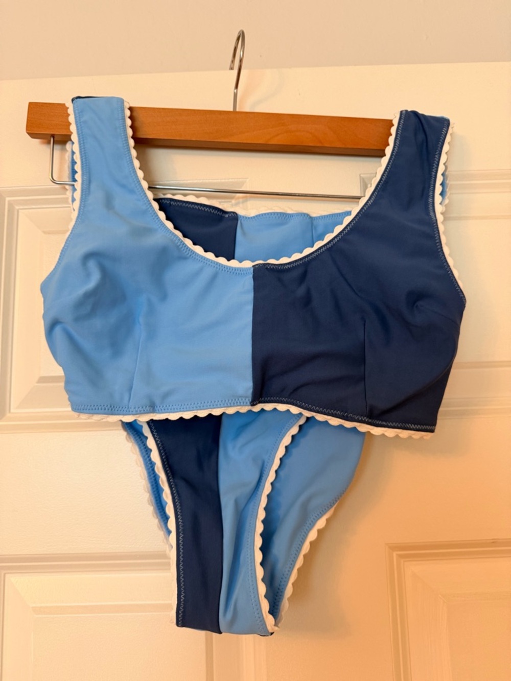 Hammies Two-Tone Blue Bikini with Scalloped Trim. Reversible to solid light blue
